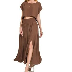 Zenana Brown Heavy Woven Span Crop Tee & Skirt Set QTQS-7304A5 Small
